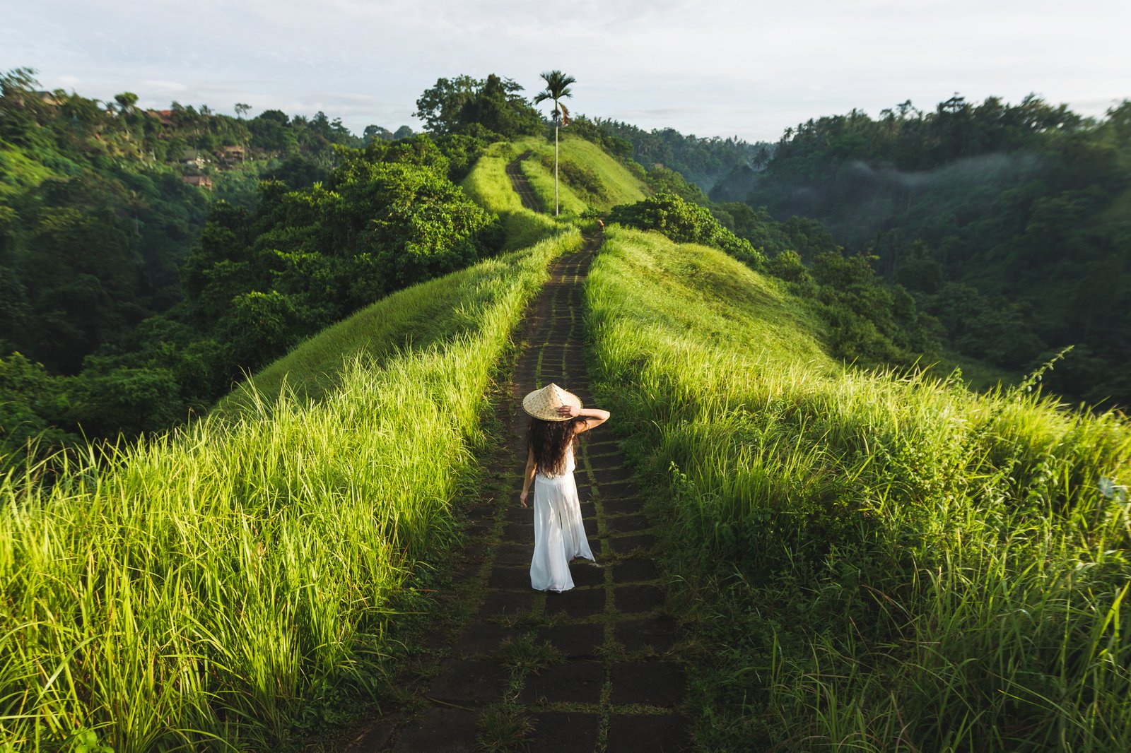 Young beautiful woman walking on Campuhan Ridge way of artists, in Bali, Ubud.