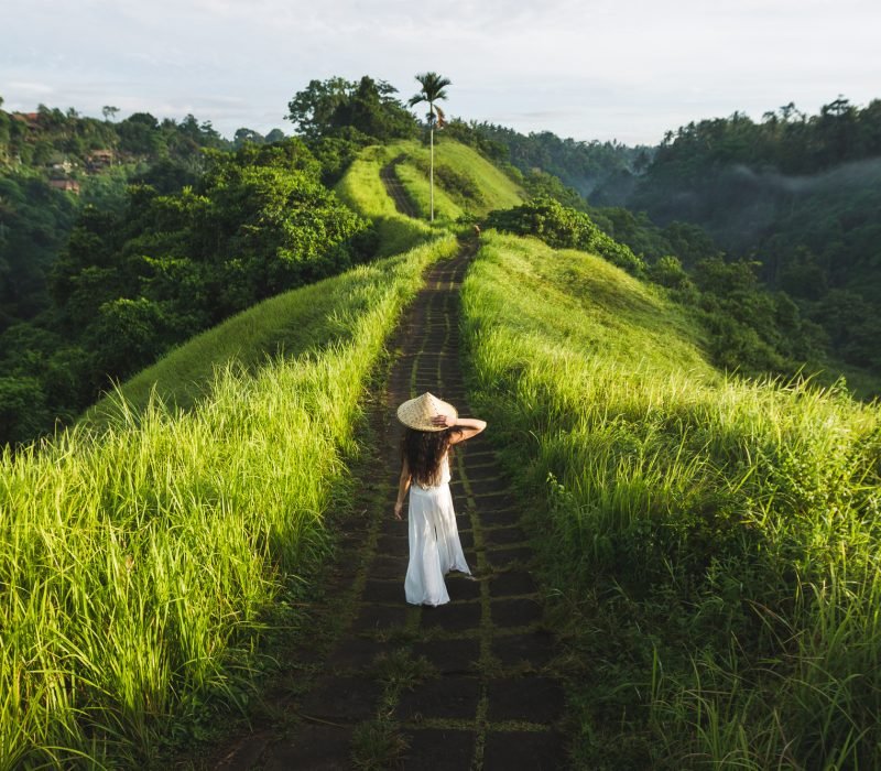 Young beautiful woman walking on Campuhan Ridge way of artists, in Bali, Ubud.